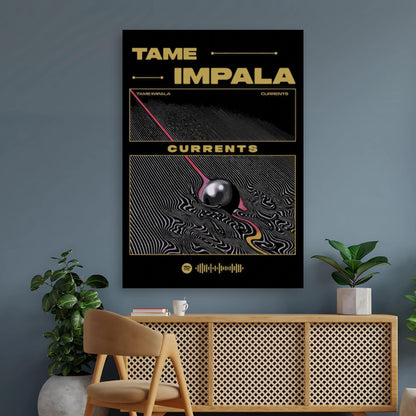 Tame Impala Currents poster featuring iconic album artwork with bold black and gold design, perfect for enhancing any living space.