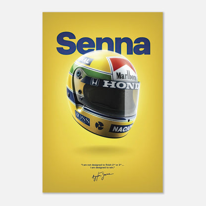 Ayrton Senna helmet metal poster featuring vibrant yellow design and iconic racing helmet details.