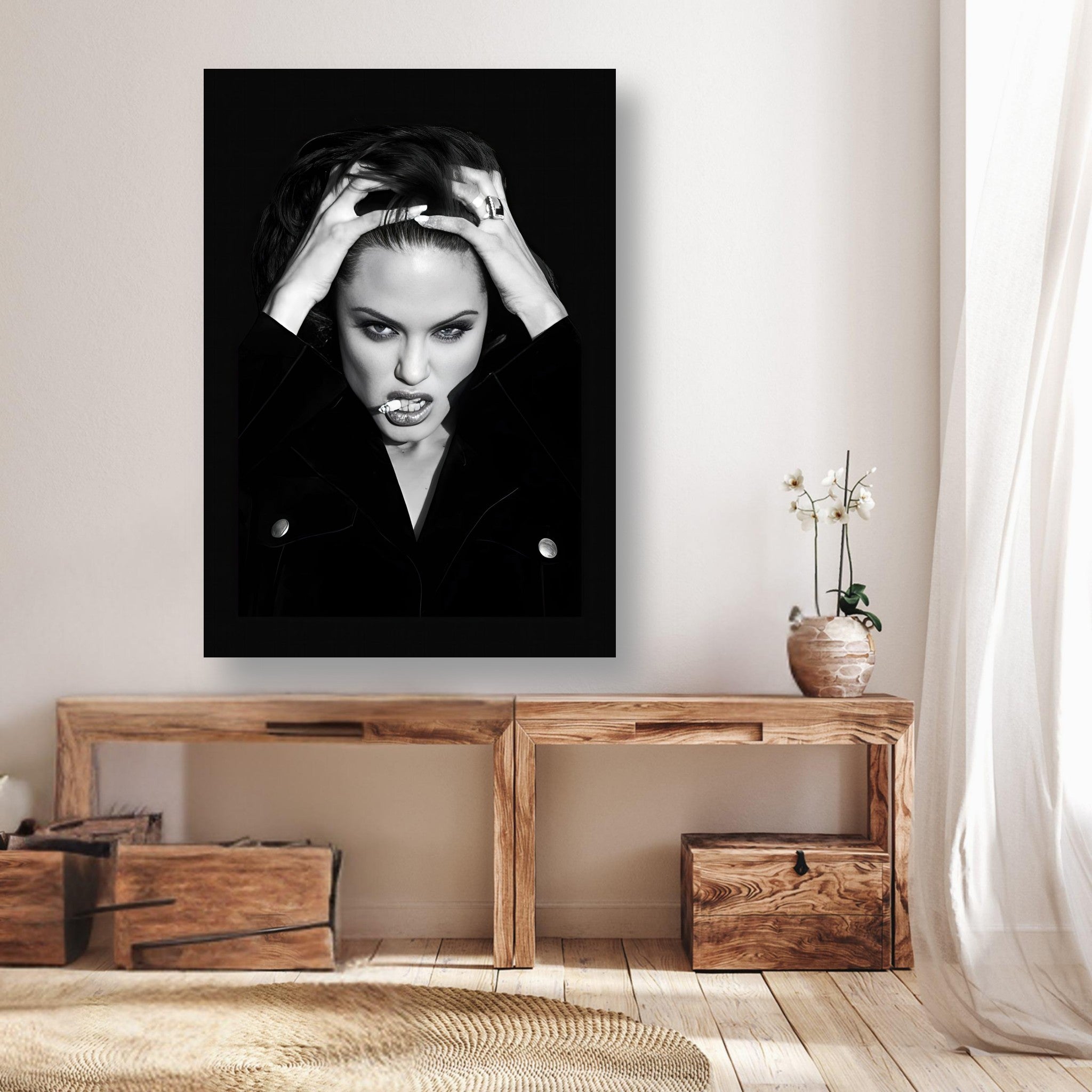 Angelina Jolie Smoking poster displayed on a stylish wall, enhancing modern decor with bold black-and-white art.