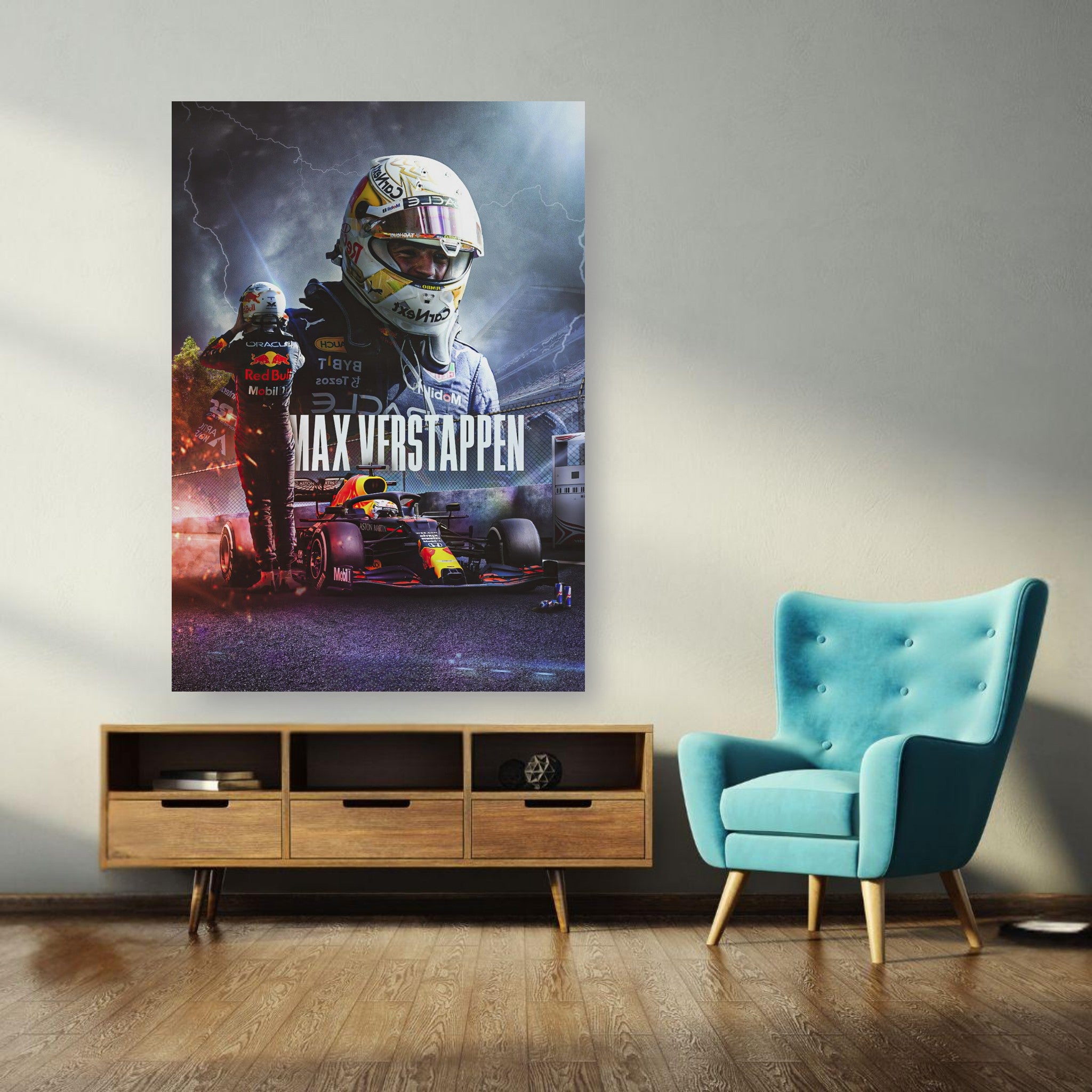 Max Verstappen Red Bull Racing poster displayed in a modern room with teal chair and wooden furniture.