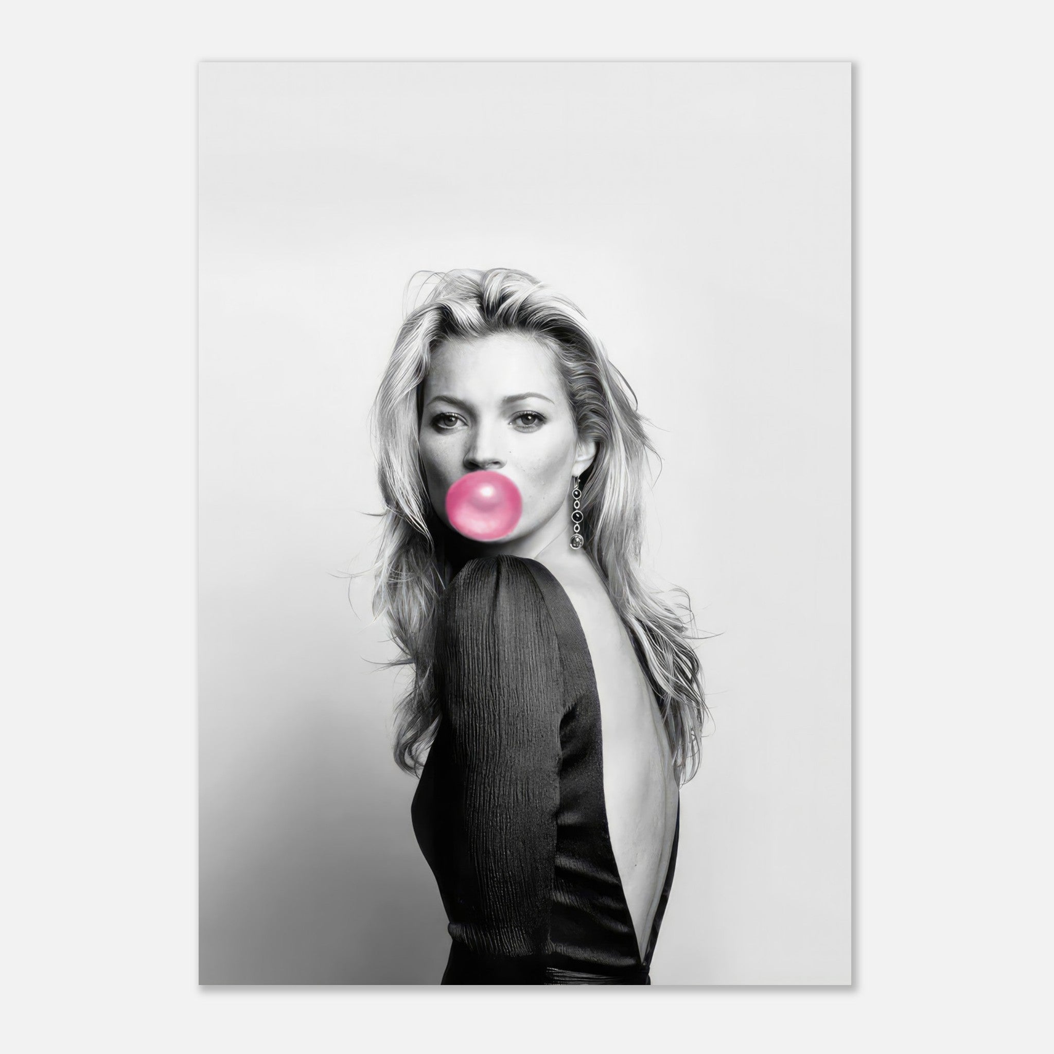 Kate Moss Bubble Gum Poster featuring a black-and-white portrait with a vibrant pink bubble in her mouth.