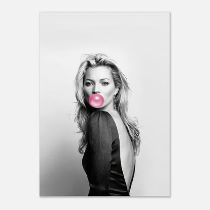 Kate Moss Bubble Gum Poster featuring a black-and-white portrait with a vibrant pink bubble in her mouth.