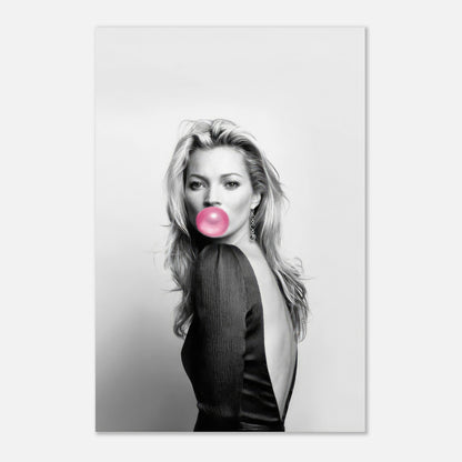 Kate Moss Bubble Gum metal print featuring a striking black-and-white portrait with a playful pink bubble.