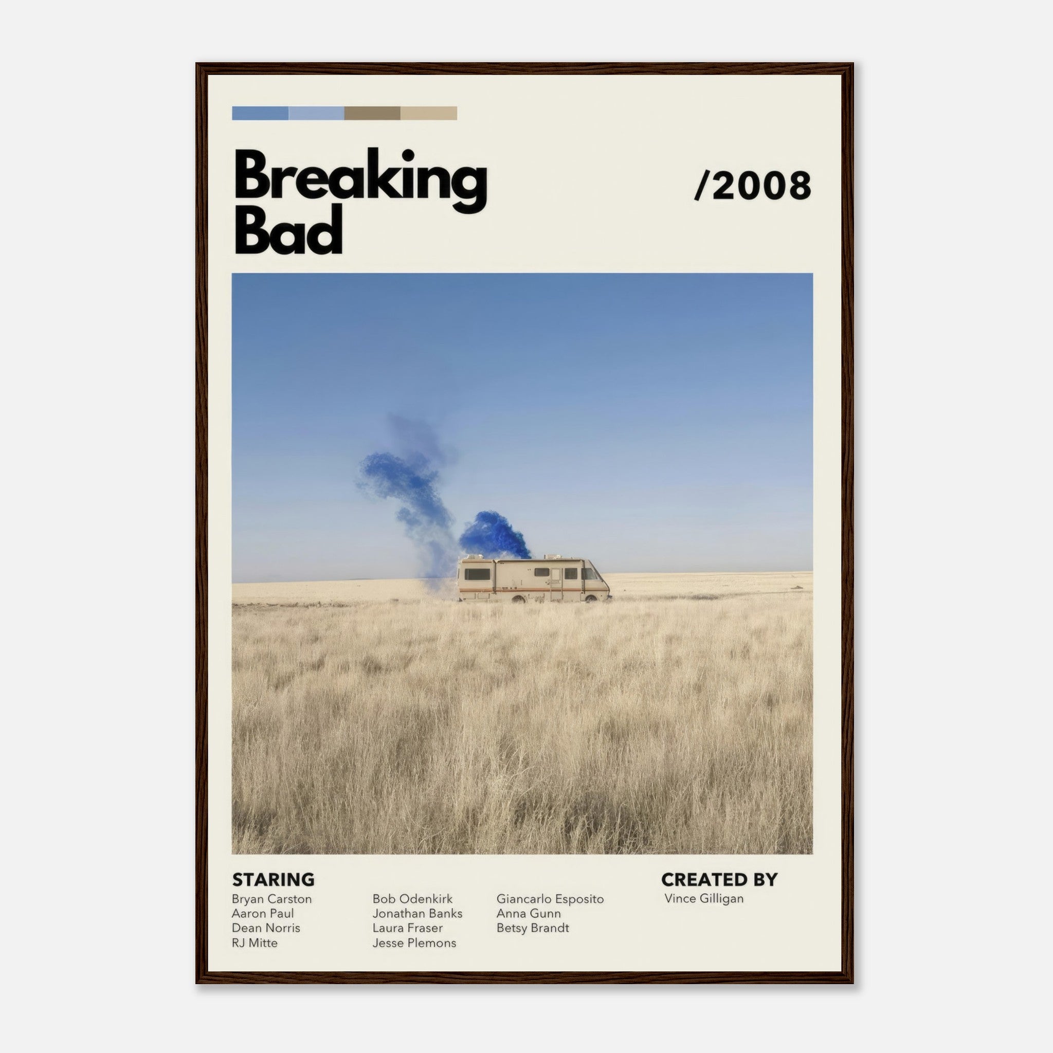 Vintage Breaking Bad framed print featuring RV and blue smoke in a desert landscape, capturing the show's iconic essence.