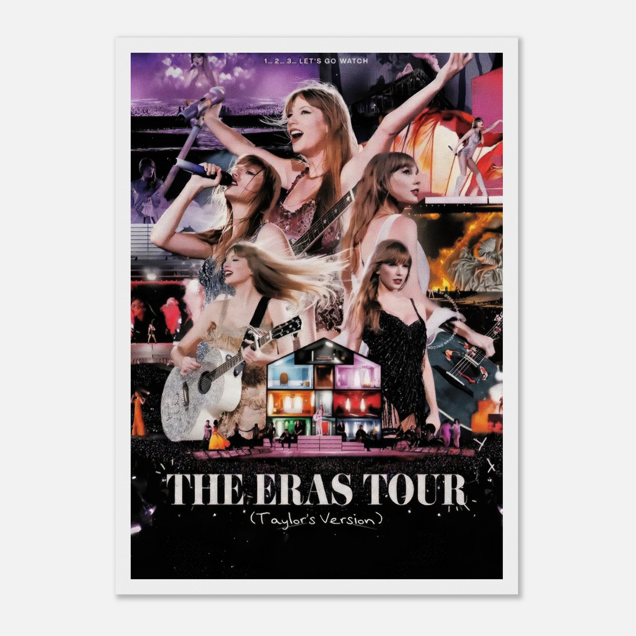 Taylor Swift Eras Tour framed poster featuring vibrant collage of performances and costumes from the tour.