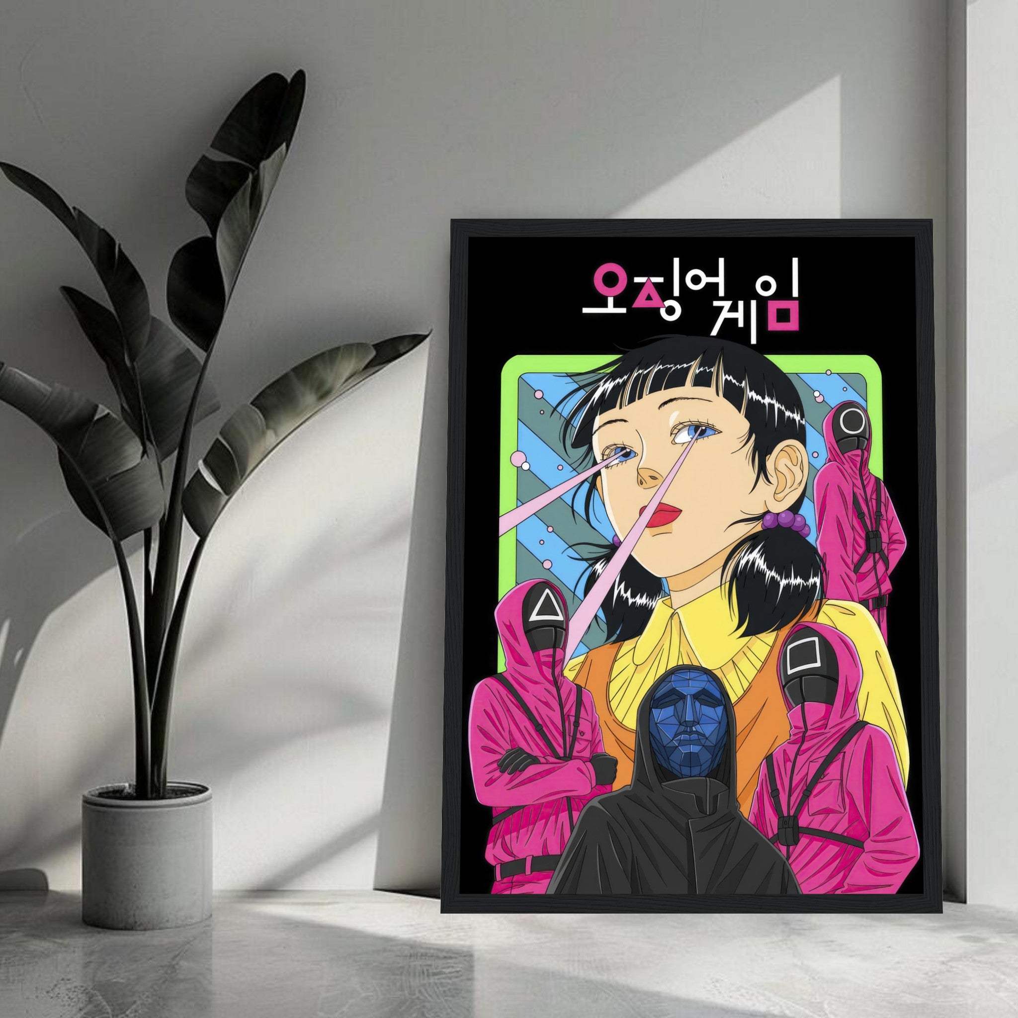 Squid Game Netflix framed print featuring vibrant character artwork in modern decor setting.