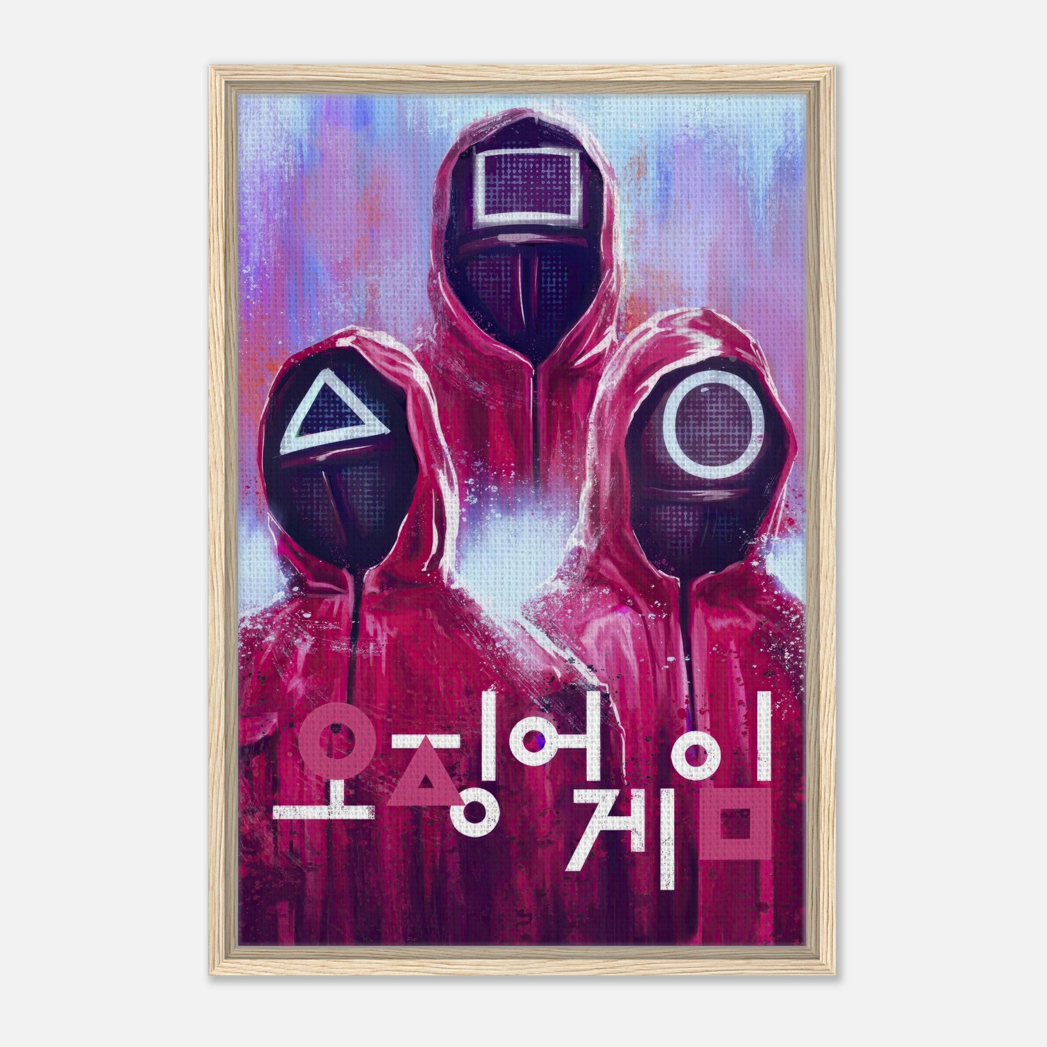 Framed canvas print of "Squid Game" featuring iconic masked guards in red uniforms and geometric symbols.