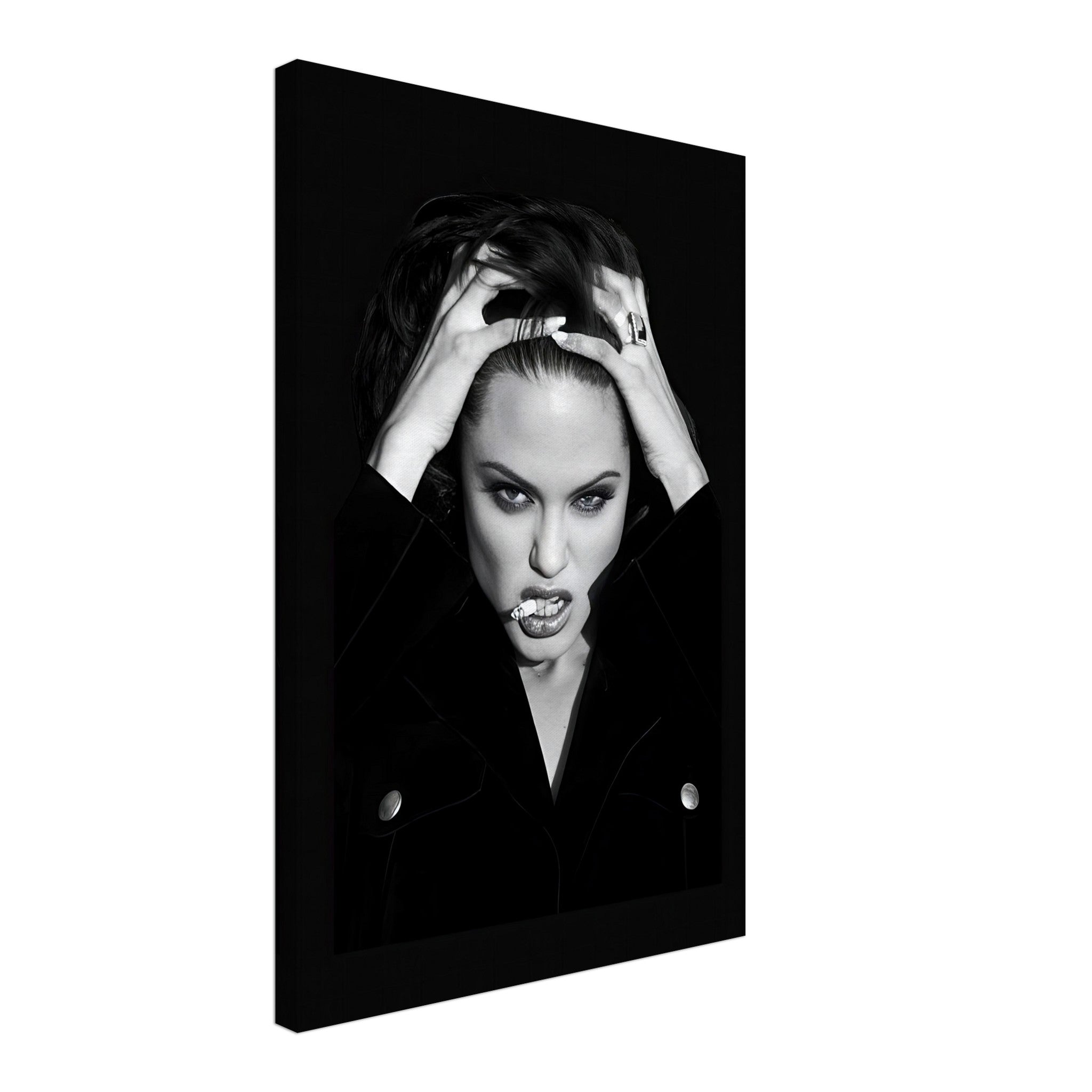 Angelina Jolie smoking canvas artwork in black and white, showcasing elegance and intensity for modern decor.