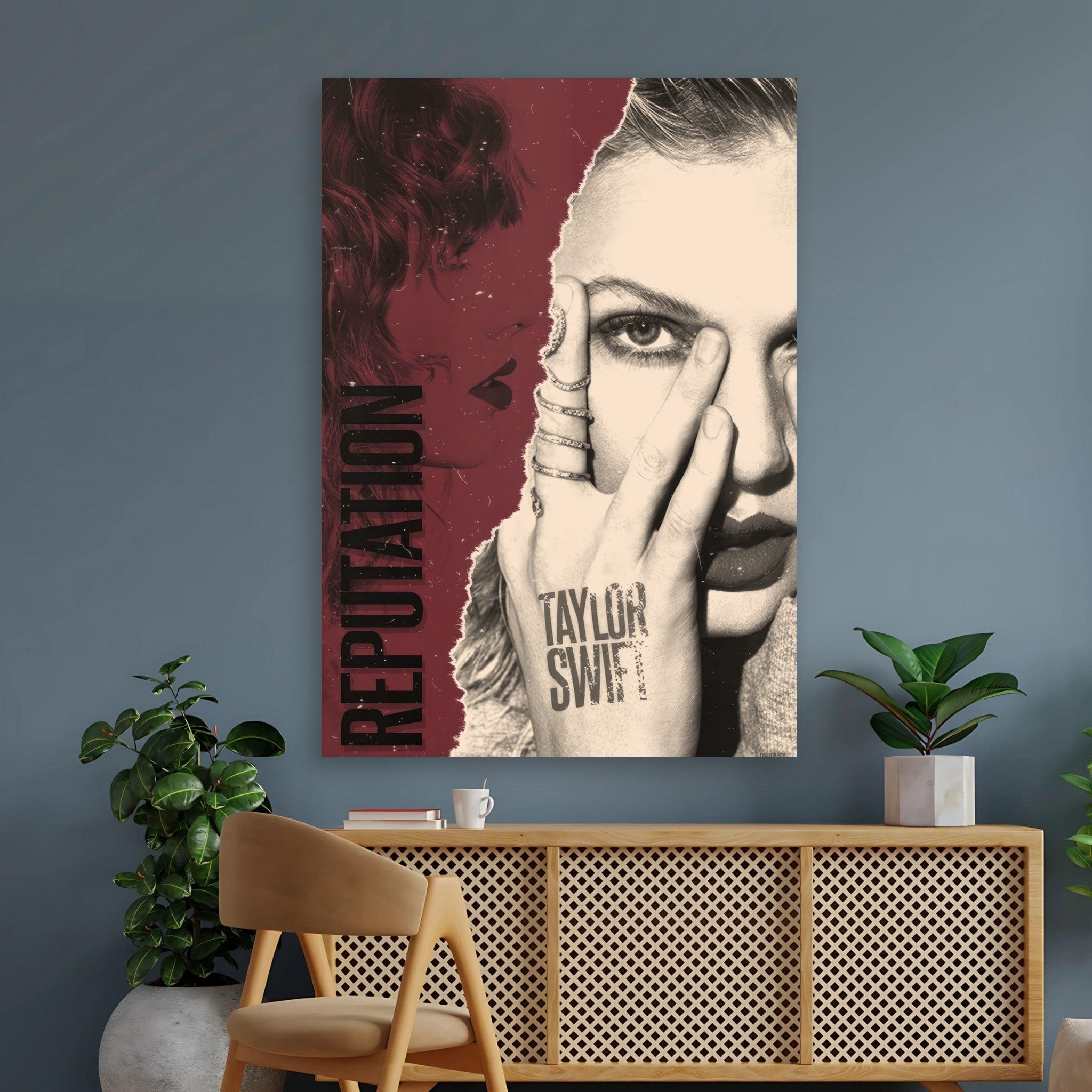 Taylor Swift Reputation poster featuring striking dual-tone design in a stylish living room setting. Perfect for Swifties.