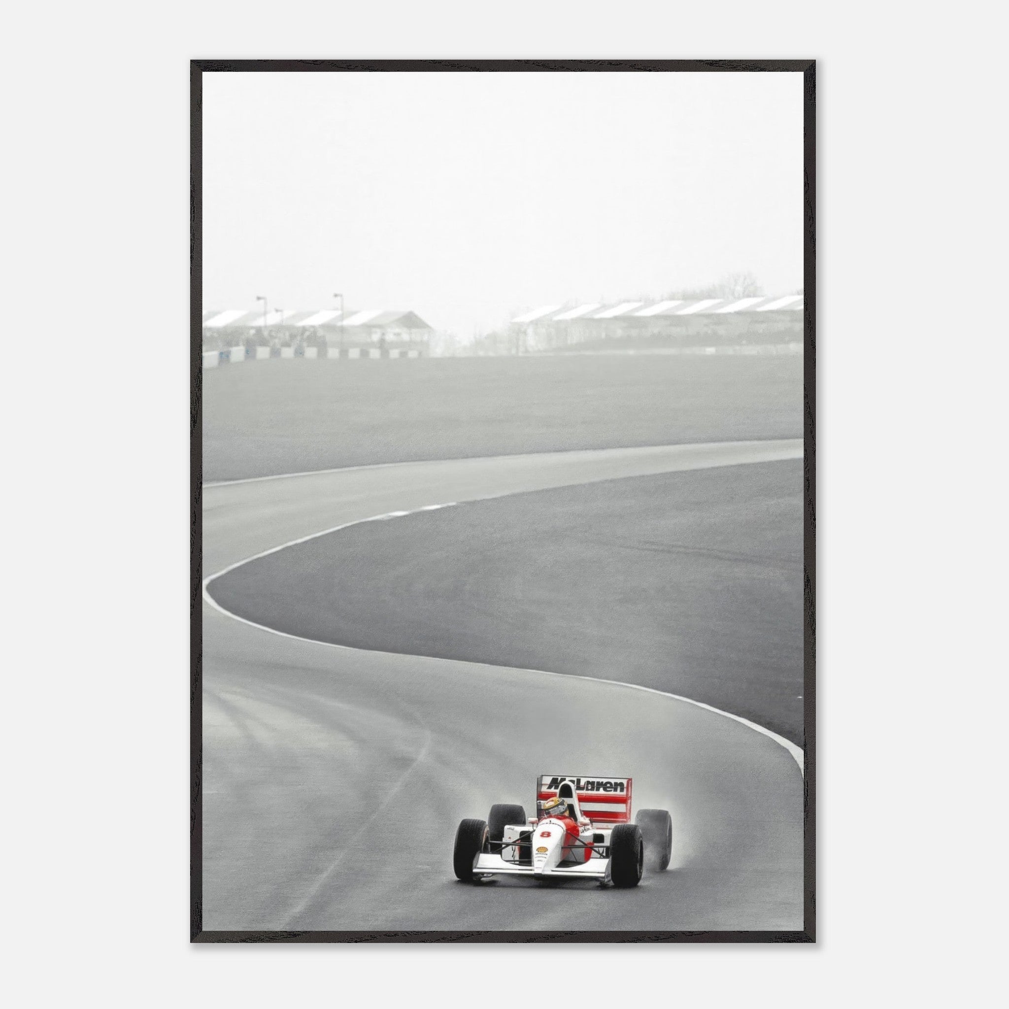 1988 Ayrton Senna McLaren MP4/4 racing at a curve, framed fine art giclée print capturing the thrill of Formula 1.