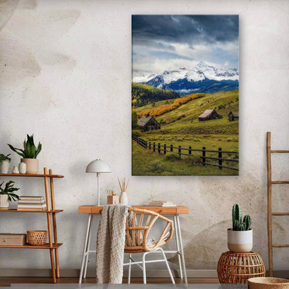 Telluride, Colorado canvas art showcasing rustic cabins and snow-dusted mountains in a serene landscape.