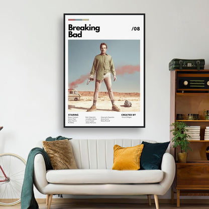 Retro Breaking Bad framed poster featuring Walter White in desert setting, showcasing bold and iconic wall art decor.