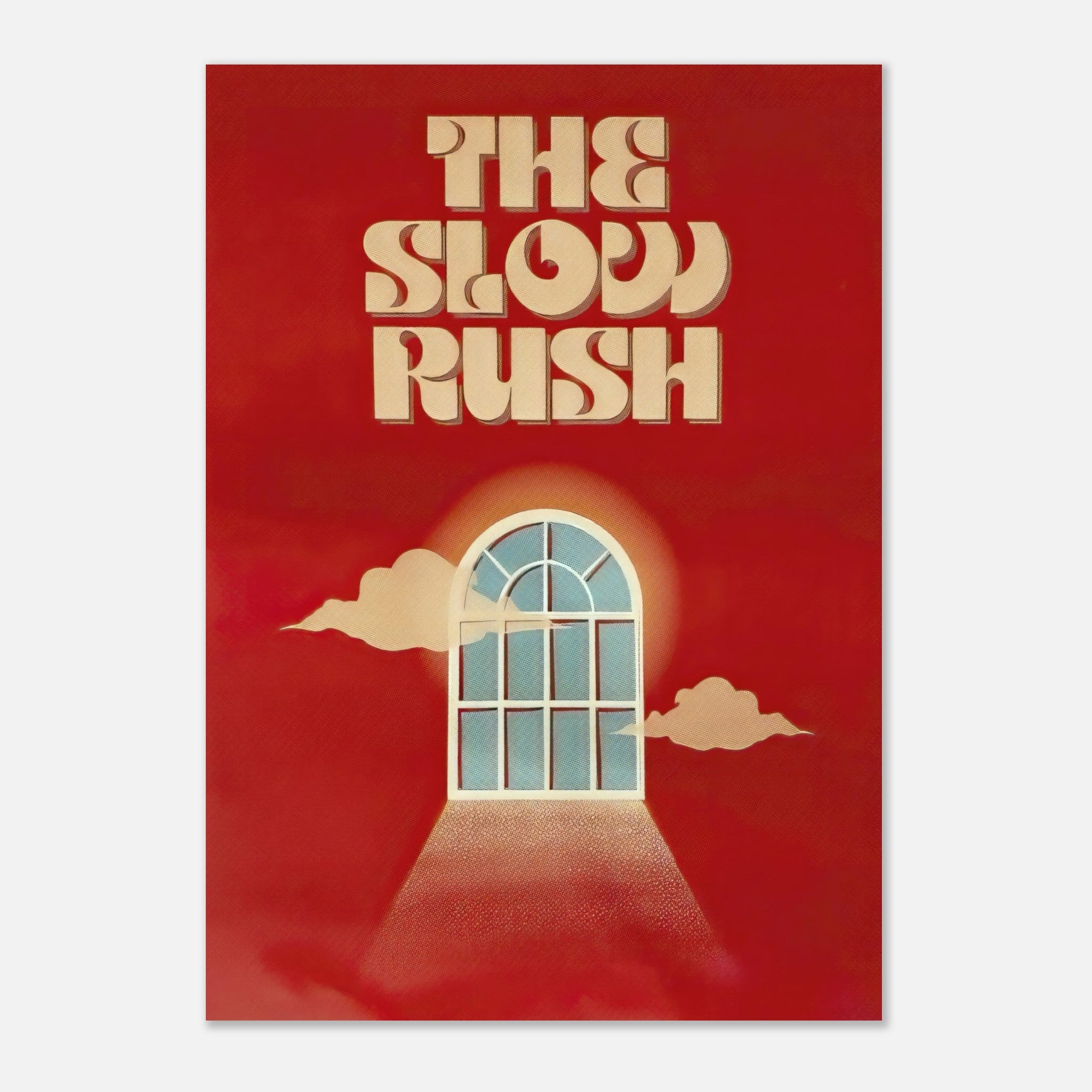 The Slow Rush poster featuring bold typography on a vibrant red background with dreamy clouds and an arched window.