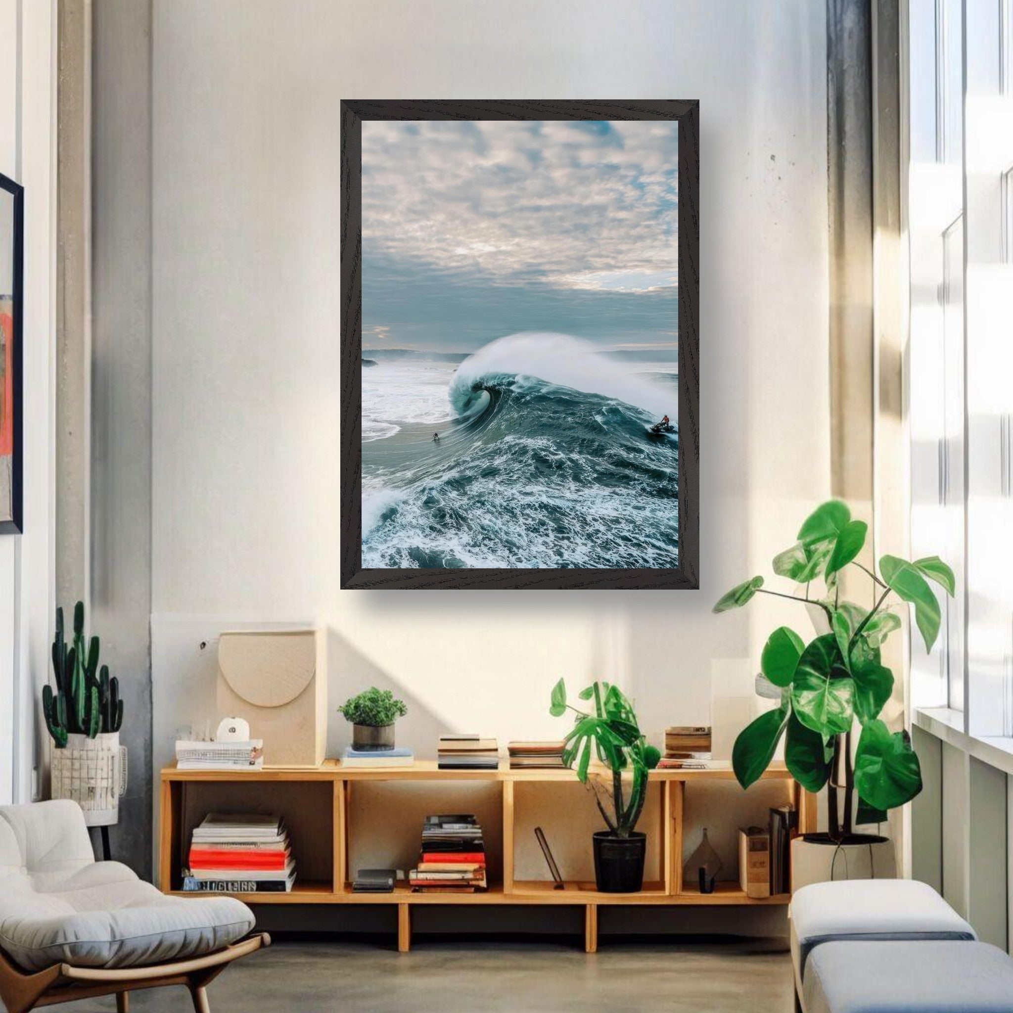 Big Wave Surfing Vintage Framed Print showcasing a surfer riding a massive wave in a stylish living room setting.