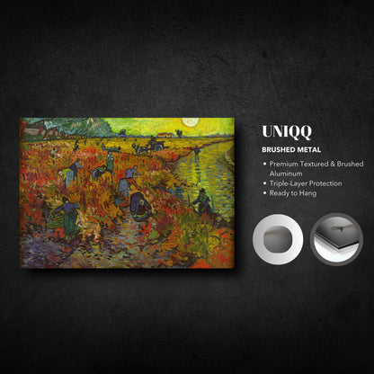 The Red Vineyard by Van Gogh on brushed metal, showcasing vibrant autumn colors and dynamic brushstrokes, ready to hang.