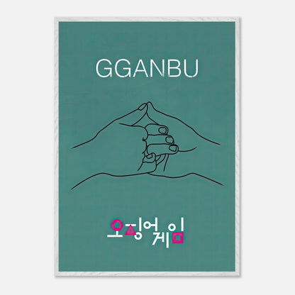 GGANBU Squid Game fine art print featuring minimalist outline of two hands in a pinky promise on a teal background.