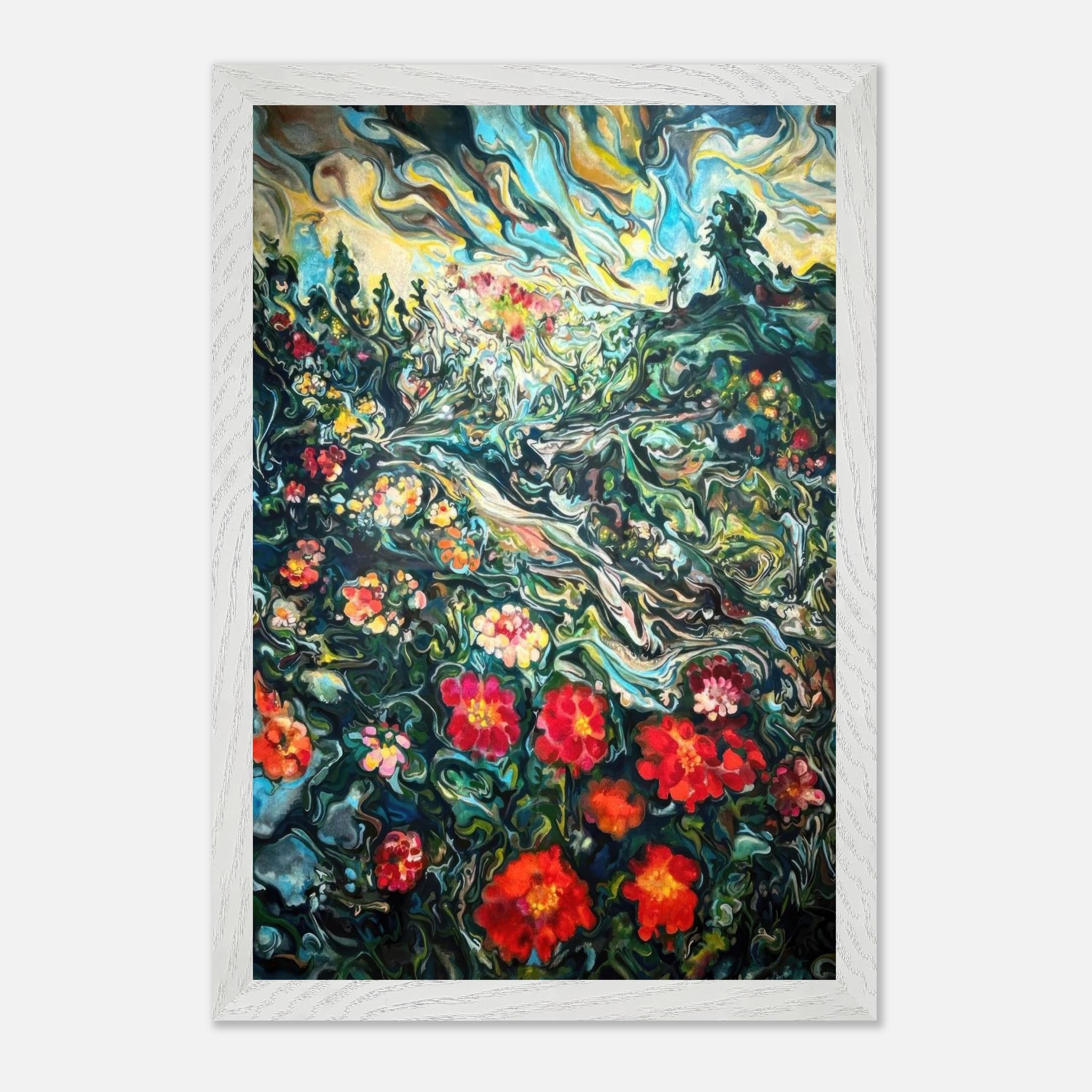 Abstract floral landscape painting featuring vibrant colors and dreamlike brushstrokes, ideal for fine art decor.