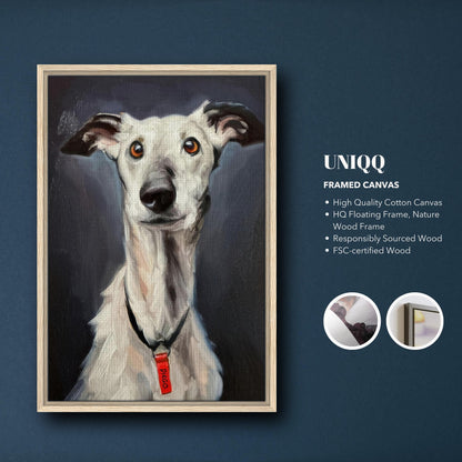 Framed canvas print of a greyhound dog, showcasing elegance and charm with detailed brushstrokes and expressive portrait.