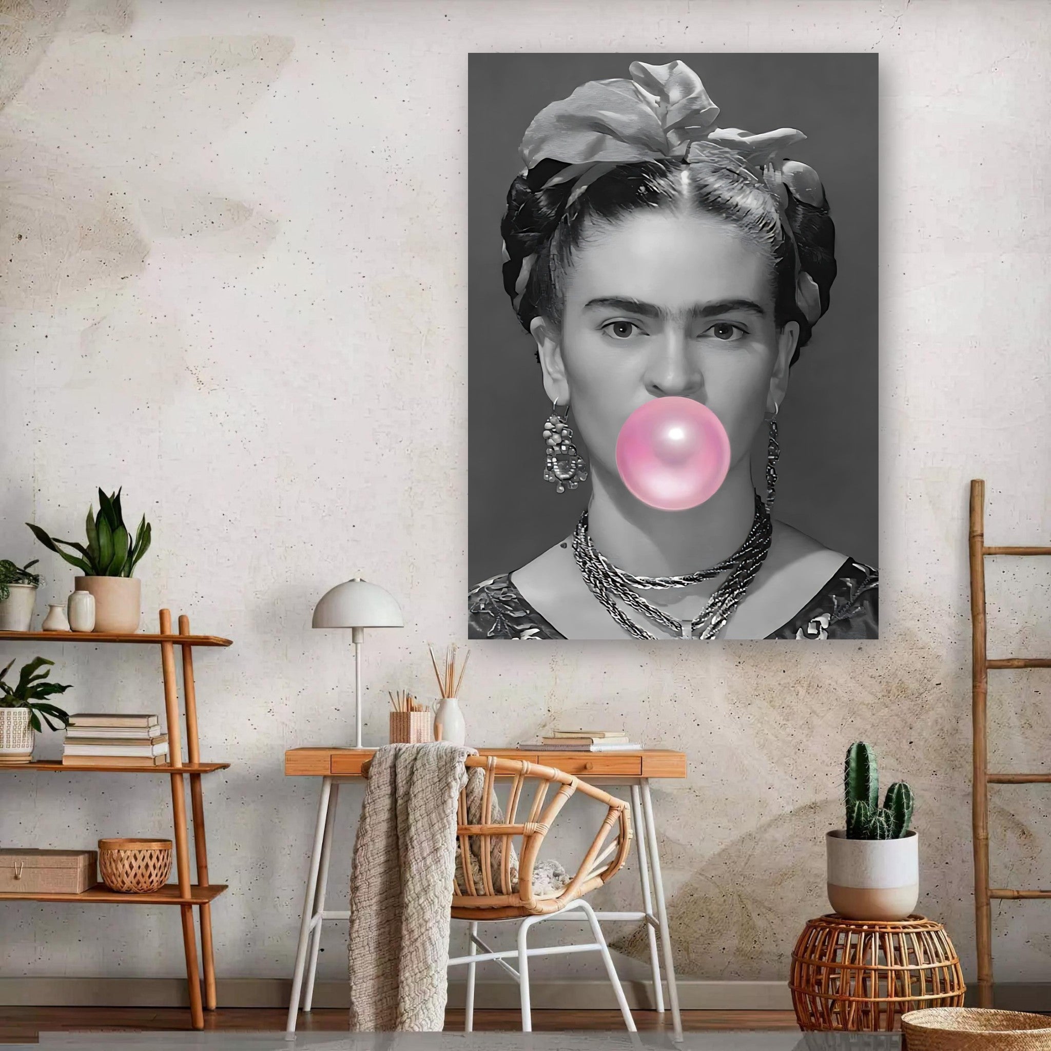 Frida Kahlo Bubble Gum metal print in a modern living space, featuring monochrome and vibrant pink color.