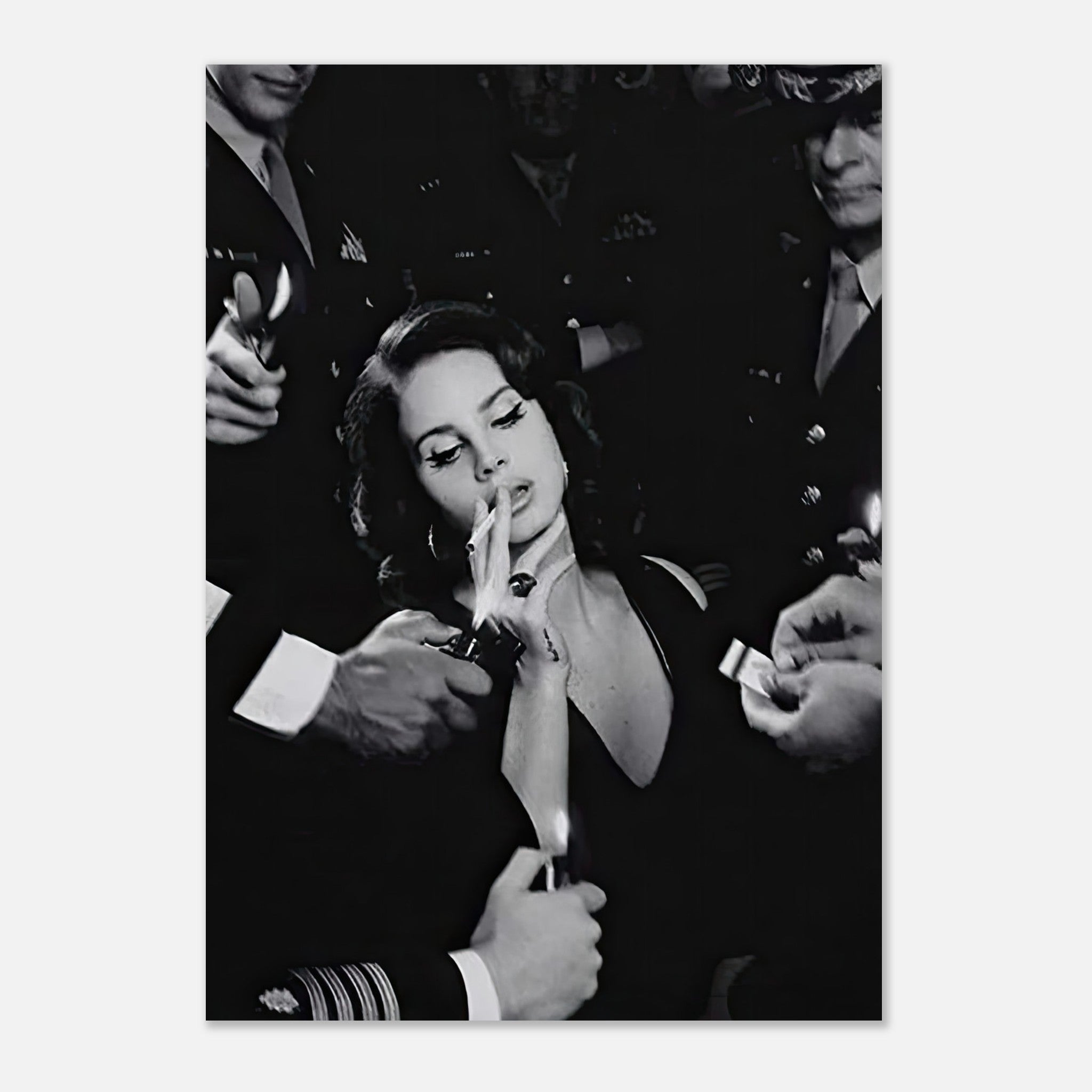 Lana Del Ray Smoking Poster featuring a striking black-and-white image of the artist amidst dramatic lighting and details.