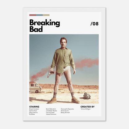 Retro Breaking Bad framed poster featuring Walter White with a gun in a desert landscape, showcasing iconic TV moments.