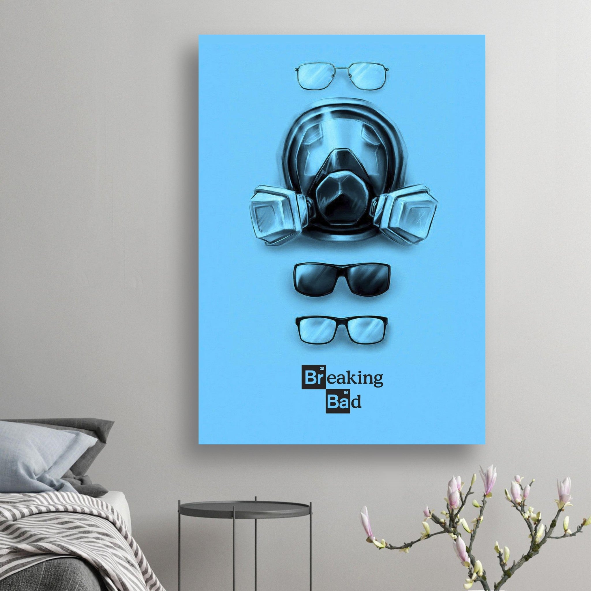 Minimalist Breaking Bad poster featuring a gas mask and eyewear on a bold blue background, perfect for fans.