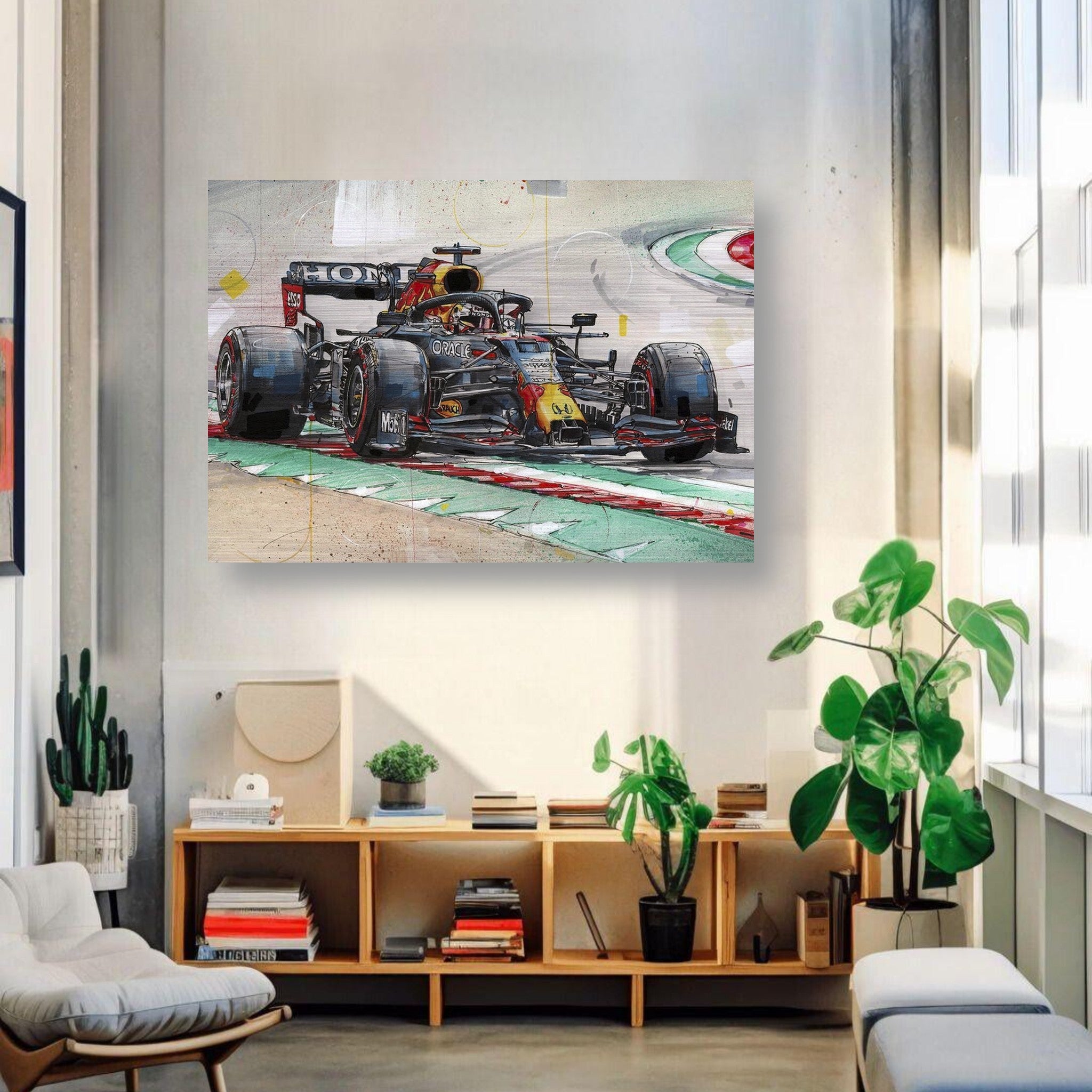 Max Verstappen racing artwork on brushed metal, showcasing dynamic motorsport action in a stylish modern interior.