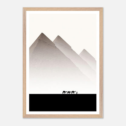 Framed Giclée fine art print of the Pyramids of Giza with silhouettes of camels in a minimalist design.