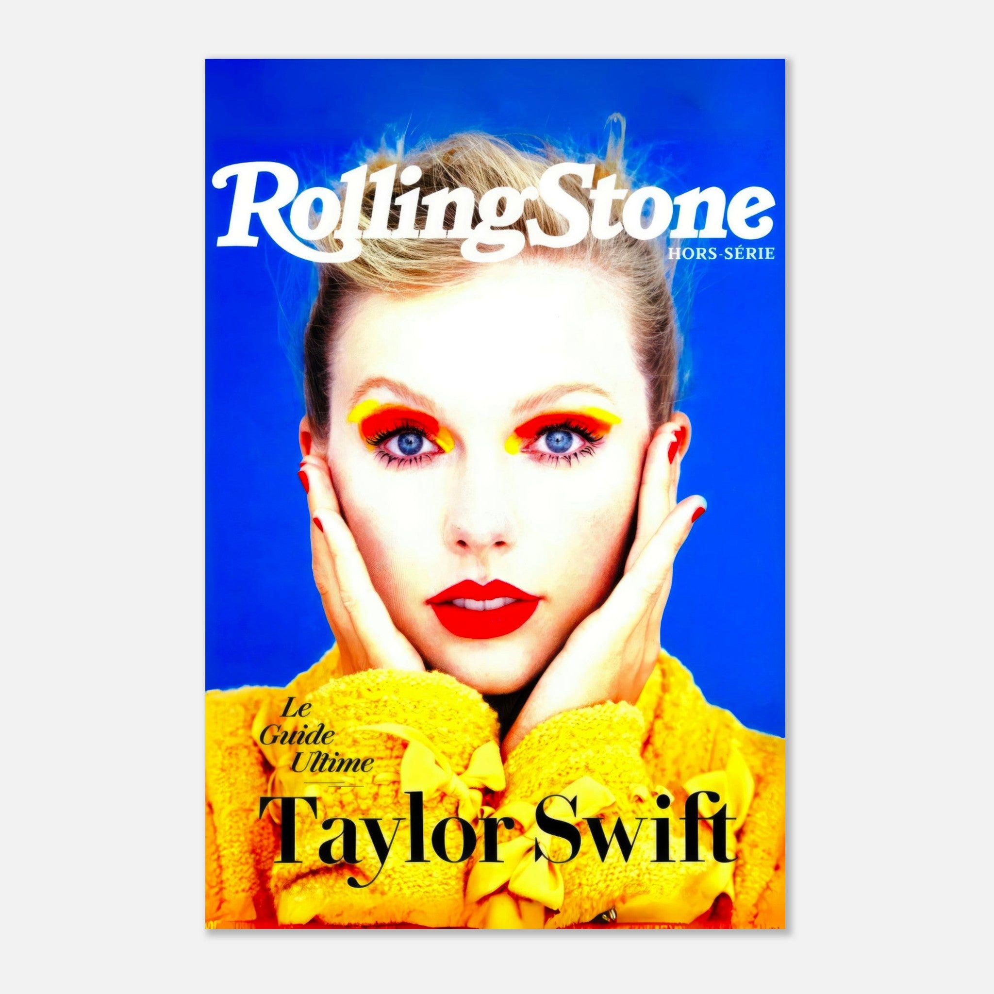 Taylor Swift Rolling Stone magazine cover metal print with bold colors and striking facial expression.