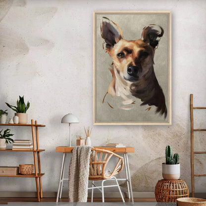 Chihuahua dog painting in a stylish frame, showcased in a modern home interior setting.