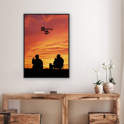 Breaking Bad framed poster featuring Walter White and Jesse Pinkman silhouetted against a vibrant sunset.