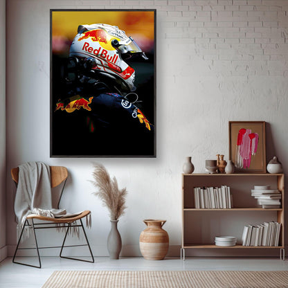 Framed fine art print of Max Verstappen in Red Bull helmet, showcasing vibrant colors and racing passion for decor.