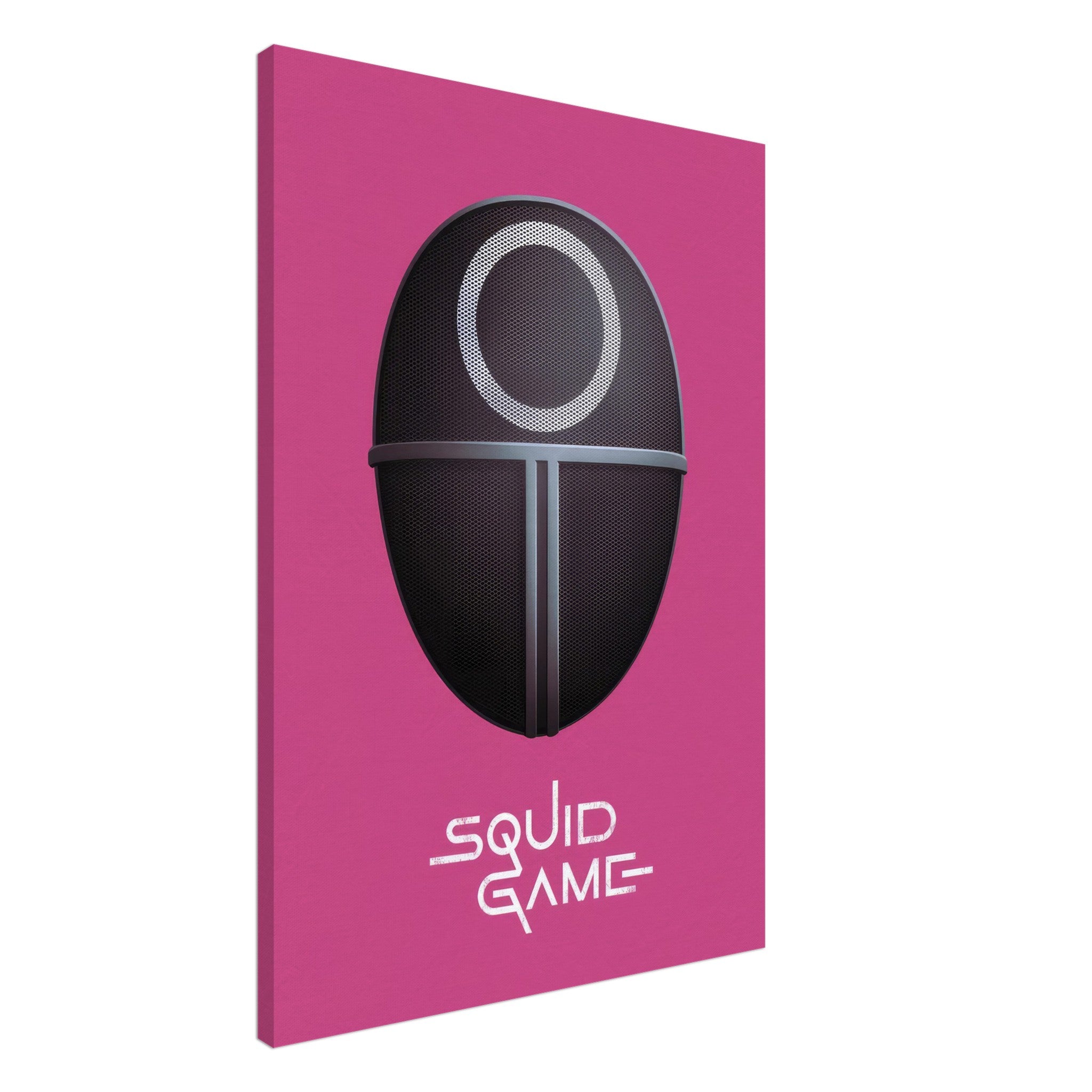 Squid Game Guard Mask canvas print on a bold pink background, perfect for fans and stylish decor.