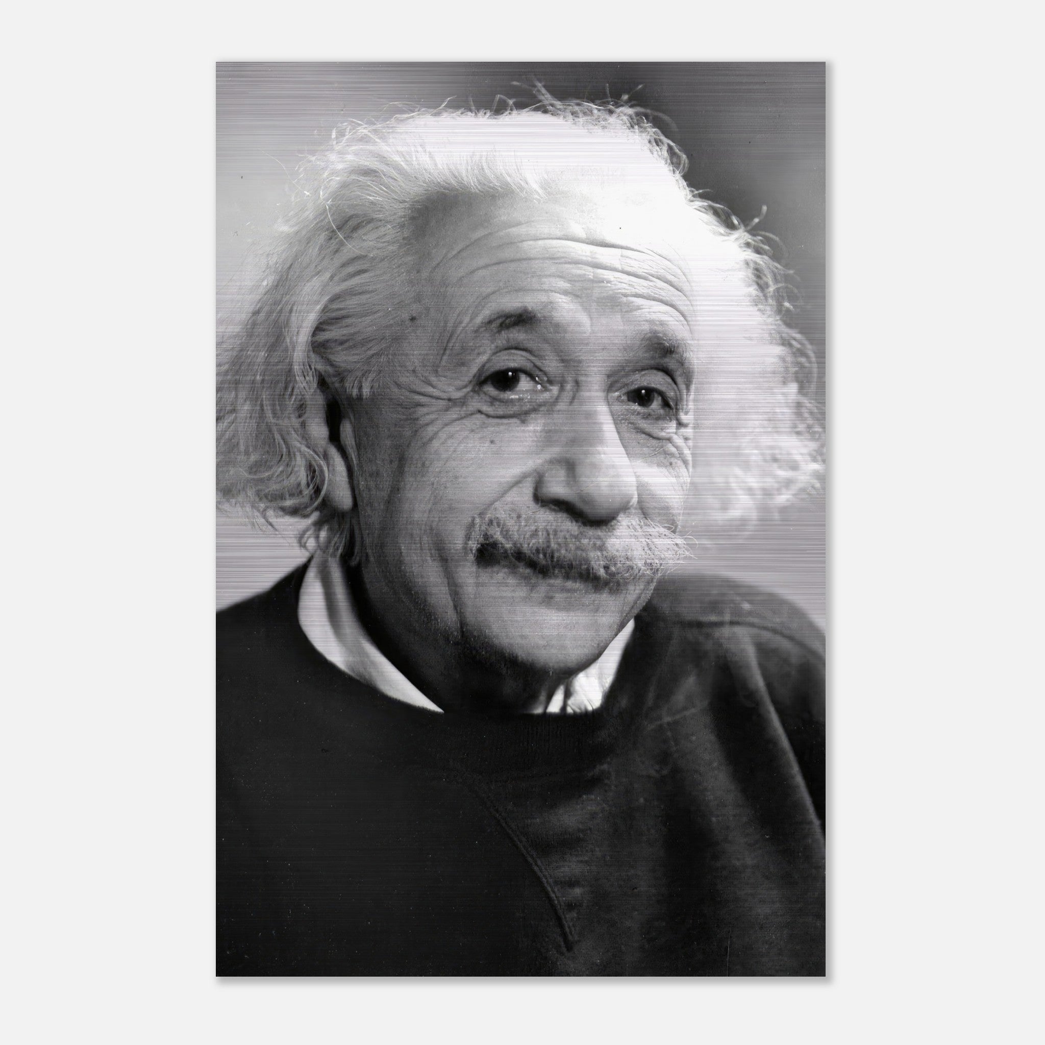 Black and white portrait of Albert Einstein (1946) in brushed metal finish, showcasing his wisdom and warmth.