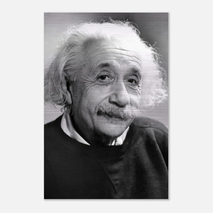 Black and white portrait of Albert Einstein (1946) in brushed metal finish, showcasing his wisdom and warmth.