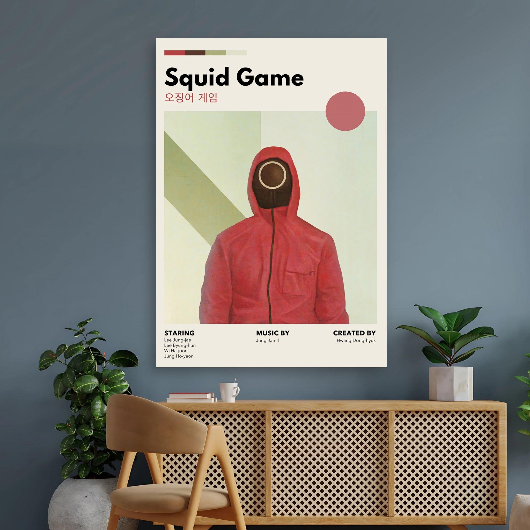 Vintage Squid Game poster featuring minimalist design and character in red hoodie, perfect for fans and decor.