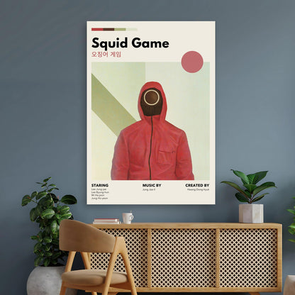 Vintage Squid Game poster featuring minimalist design and character in red hoodie, perfect for fans and decor.