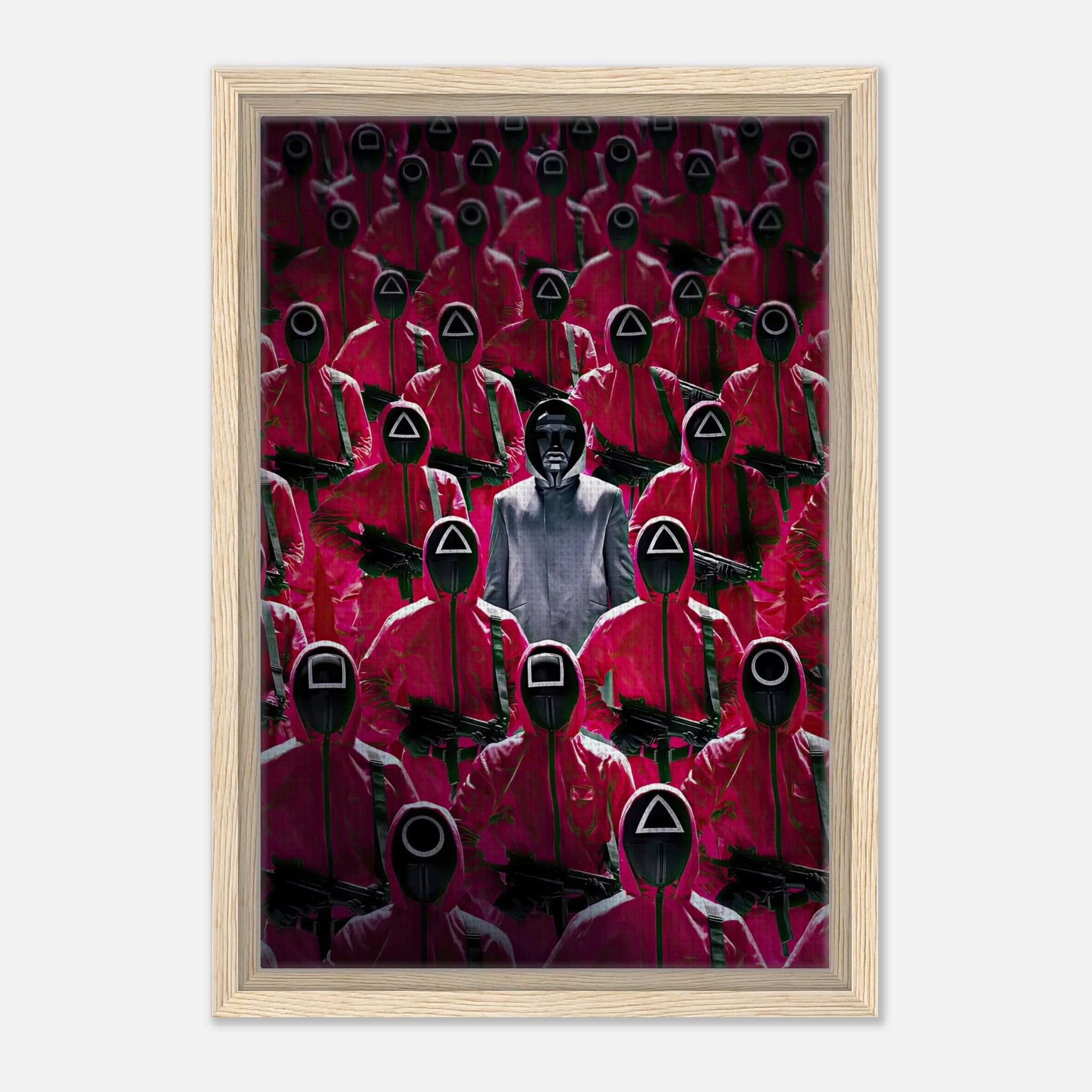 Squid Game Guards Framed Canvas Print depicting iconic red-uniformed guards with masks and a central character in suspenseful artwork.