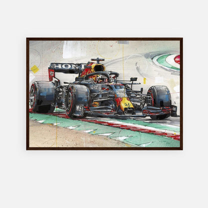 Max Verstappen framed print showcasing Red Bull Racing car on a racetrack, vibrant illustration perfect for decor.