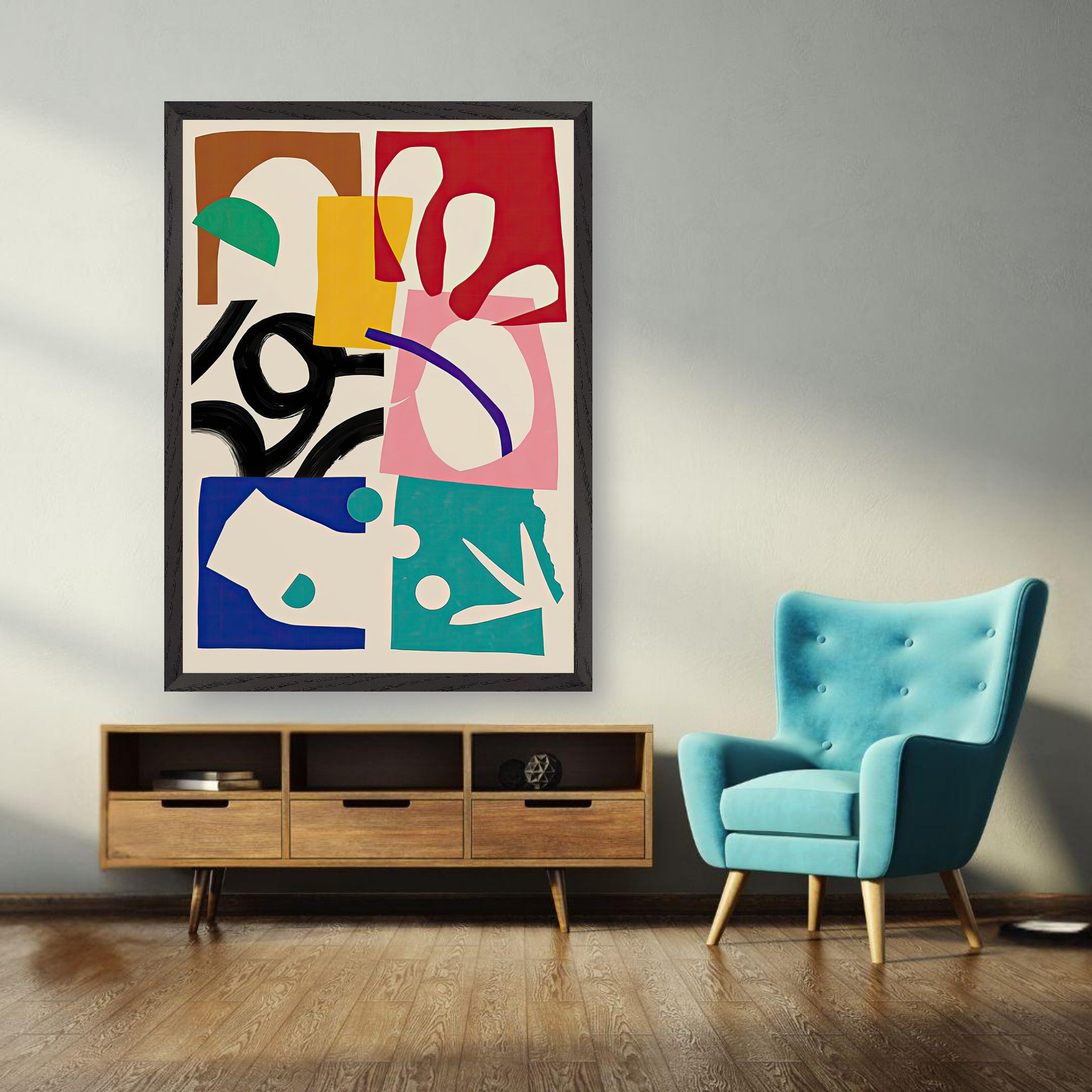 Colorful abstract art piece displayed on a wall in a modern living room with a blue chair and wooden furniture.