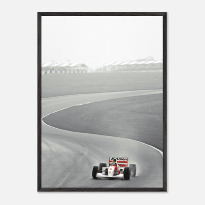 Framed 1988 Ayrton Senna McLaren MP4/4 Giclée Fine Art print on racetrack.