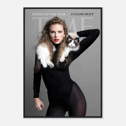 Taylor Swift Time Magazine framed print featuring her portrait with a cat, celebrating her "Person of the Year" status.