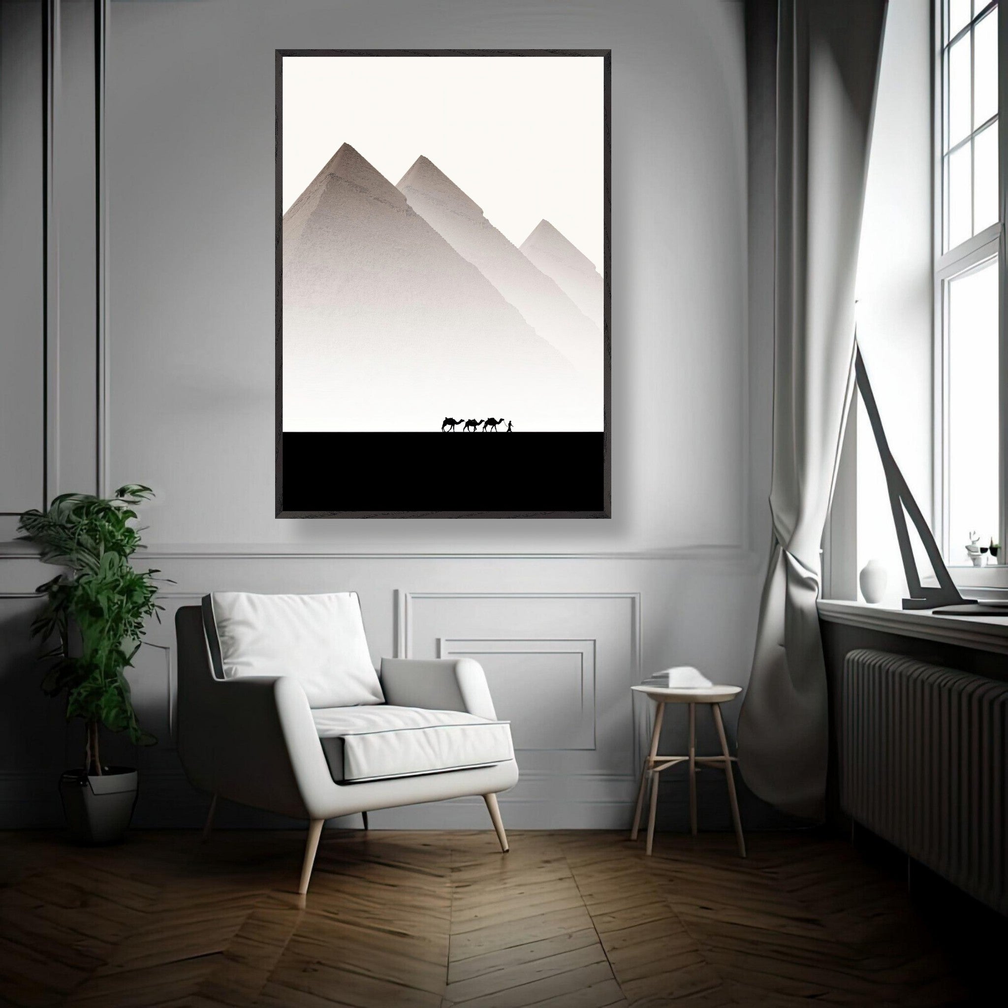 Framed Giclée artwork of the Pyramids of Giza displayed in a modern living room setting.