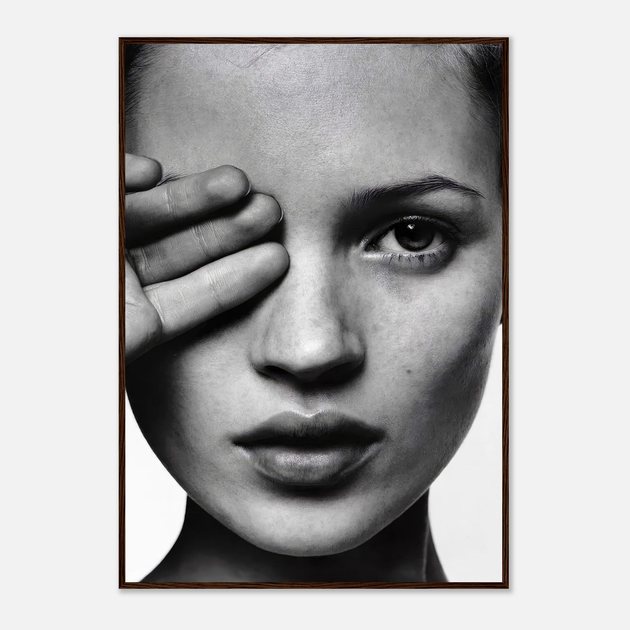 Black and white framed print of a model's striking portrait, showcasing elegance and sophistication for modern décor.