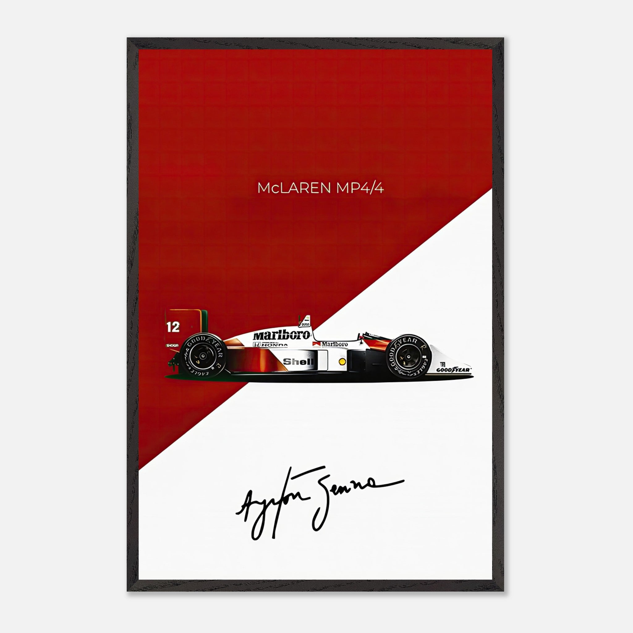 Ayrton Senna McLaren MP4/4 vintage framed print with signature on bold red backdrop.