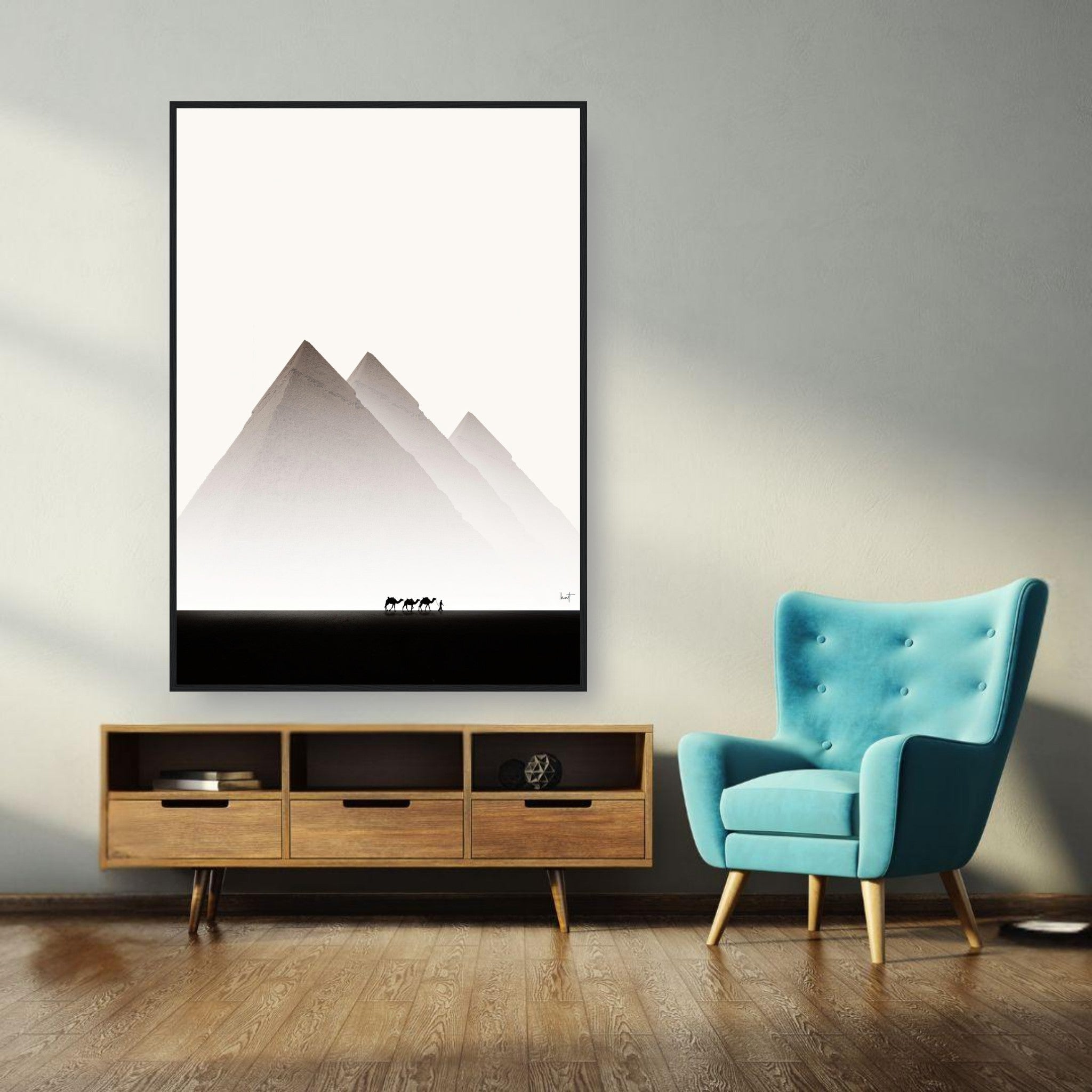 Framed print of Pyramids of Giza in minimalistic decor, highlighting Egypt travel photography in a modern living space.