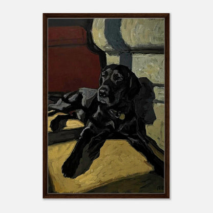 Framed canvas print of a black Labrador dog lounging in sunlight, showcasing rich colors and expressive brushstrokes.