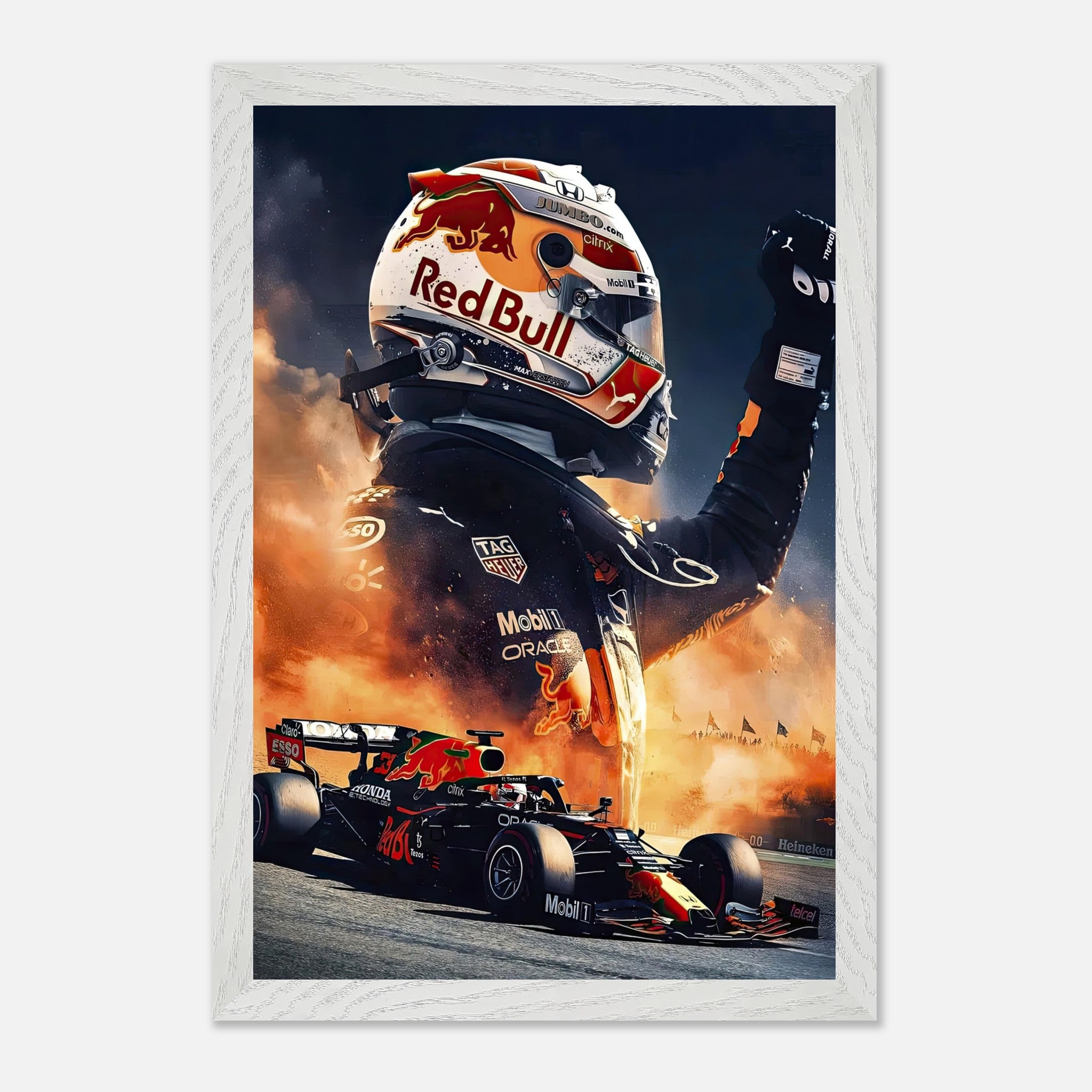 Max Verstappen Red Bull fine art print showcasing dynamic F1 action with vibrant colors and detailed design.