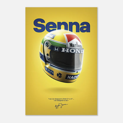 Ayrton Senna helmet metal poster featuring vibrant colors and iconic design, celebrating racing legend Senna's legacy.