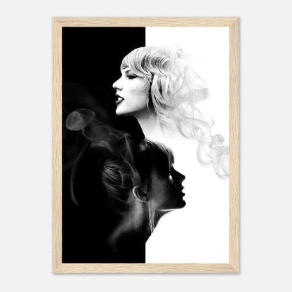 Taylor Swift black and white framed print featuring dual-portrait design with elegant contrasting elements.